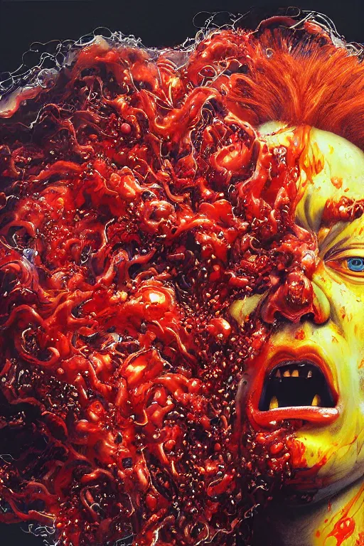 Prompt: uhd hyperrealistic photorealisitc hyperdetailed detailed ronald mcdonald head exploding, puking blood, screaming, with sparking circuits, studio lighting, by ayami kojima amano karol bak, greg hildebrandt and mark brooks