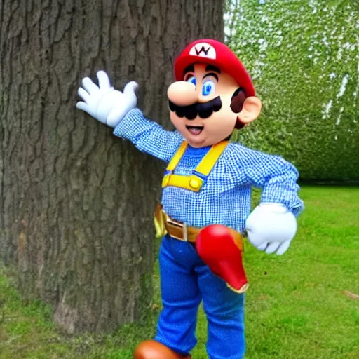 Prompt: a bavarian version of super mario wearing a lederhosen, a green hat and a blue and white checked shirt