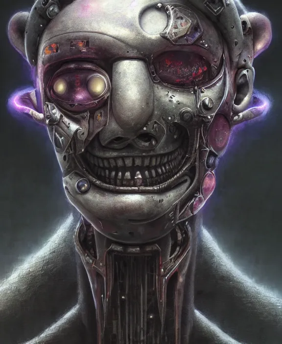 Prompt: a portrait of a cyborg waluigi from smash bros, by hr giger and beksinski and stephan martiniere, trending on artstation, 4 k resolution, detailed, high quality, hq artwork