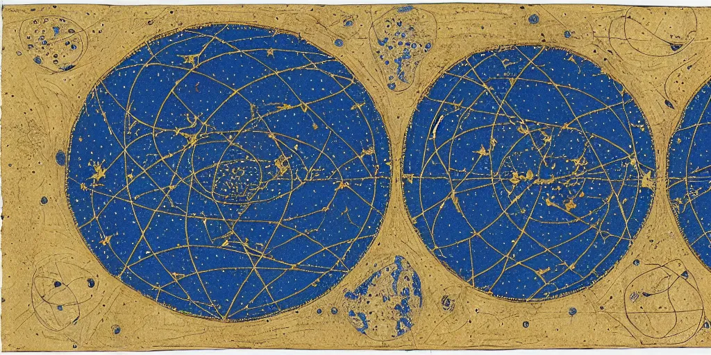 Image similar to ancient cosmic map of the various holes in the universe where time travelers can sneak through the fabric of space time. deep blue with constellations and radiating gold lines and circles, with intricate border. map has been folded and dirtied many times over the centuries