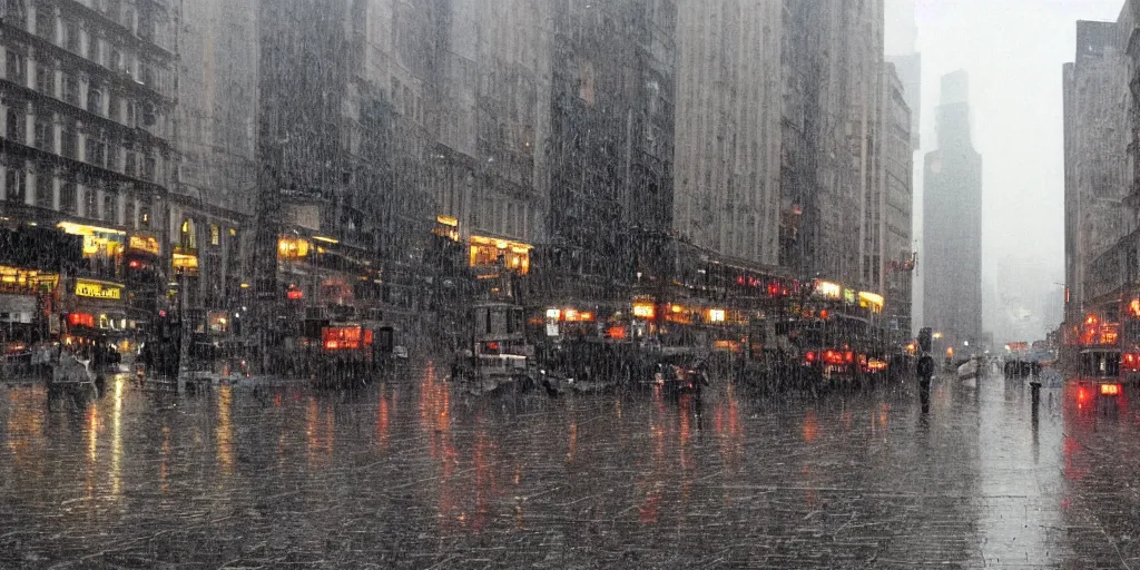 Prompt: a rainy day in a bustling lively city with, muted, dull