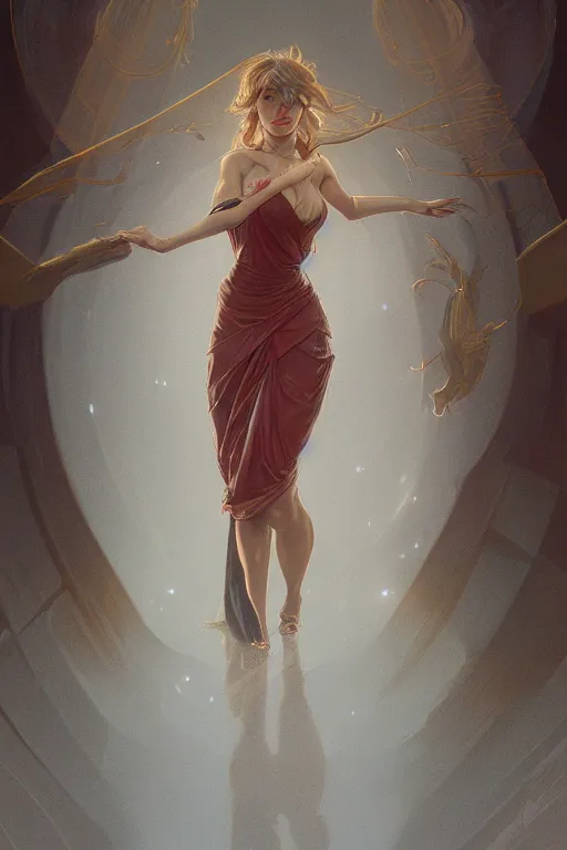 Image similar to a girl wearing a golden dress, grey hair, red necktie, cinematic, stunning, highly detailed, digital painting, artstation, smooth, hard focus, full body shot, illustration, art by artgerm and greg rutkowski and alphonse mucha