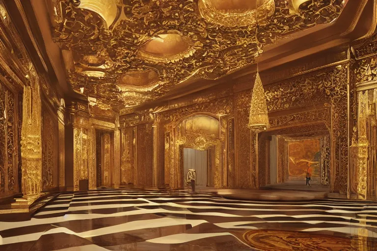 Prompt: Fantasy Asian inspired wide royal palace foyer with infinitely high ceilings, infinitely long corridors, wide grand staircase, Buddhist imagery, bejeweled, natural lighting, digital painting, concept art by Shaddy Safadi