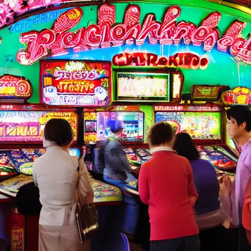 Prompt: a bunch of people at a pachinko parlor