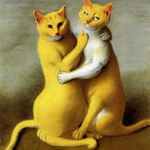 Image similar to two yellow cats hug each other ， rococo, 1 7 3 0, late baroque, antoine watteau