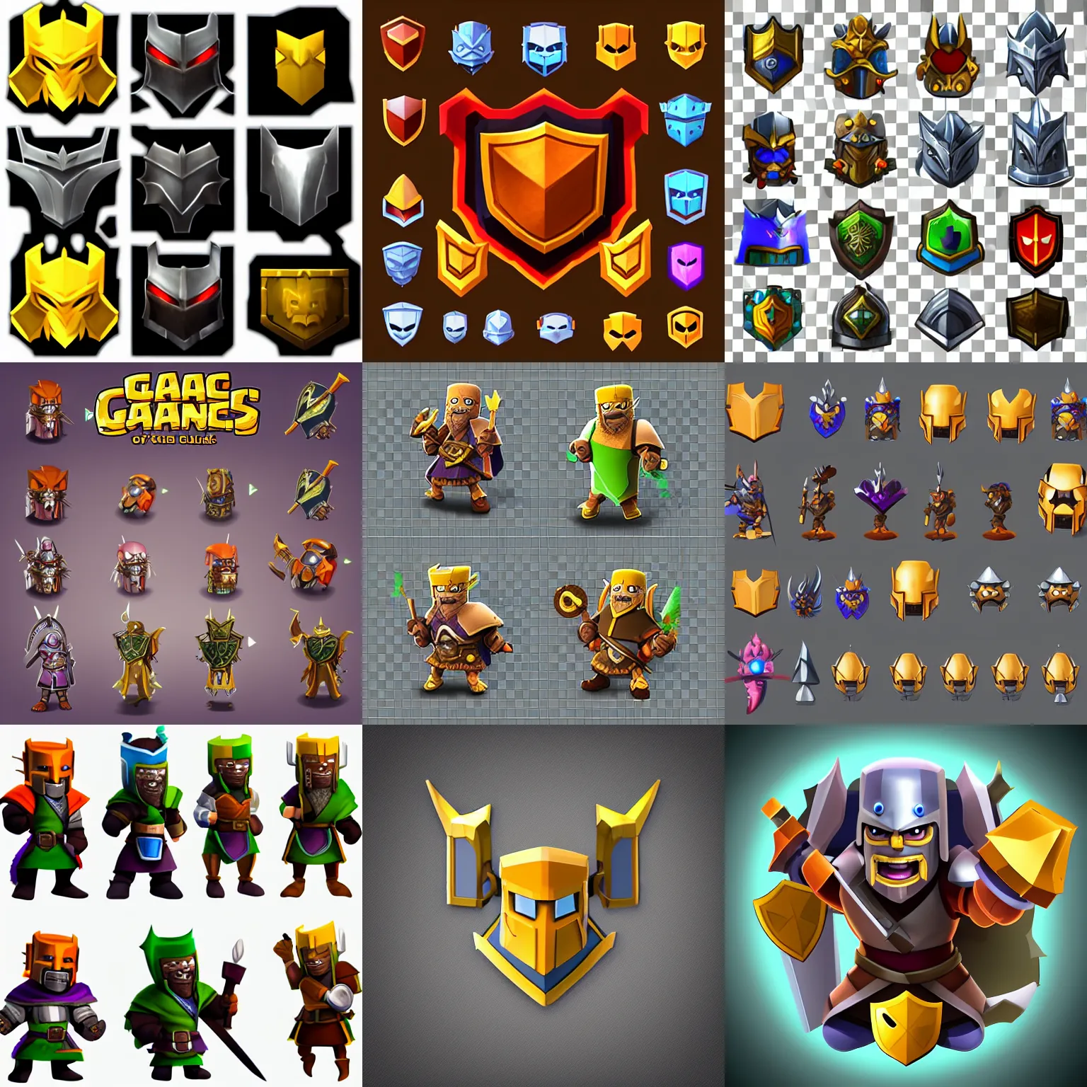 Prompt: collection of magic armors on transparent background, 2 d game assets, clash of clans style