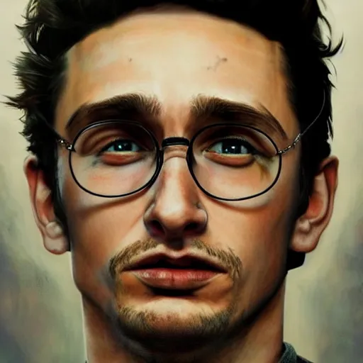 Image similar to hyperrealistic mixed media high resolution painting of James Franco as Harry Potter, stunning 3d render inspired art by István Sándorfi and Greg Rutkowski and Unreal Engine, perfect facial symmetry, dim volumetric lighting, 8k octane beautifully detailed render, full body shot, post-processing, extremely hyper-detailed, intricate, epic composition, highly detailed attributes, highly detailed atmosphere, cinematic lighting, masterpiece, trending on artstation, very very detailed, masterpiece, stunning, flawless structure, lifelike texture, perfection,