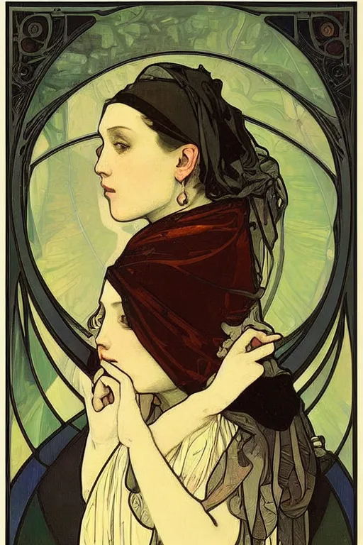 Image similar to A Girl with a pearl earring by Alphonse Mucha, detailed,Art Nouveau, Neo-Gothic, gothic, rich deep moody colors background.