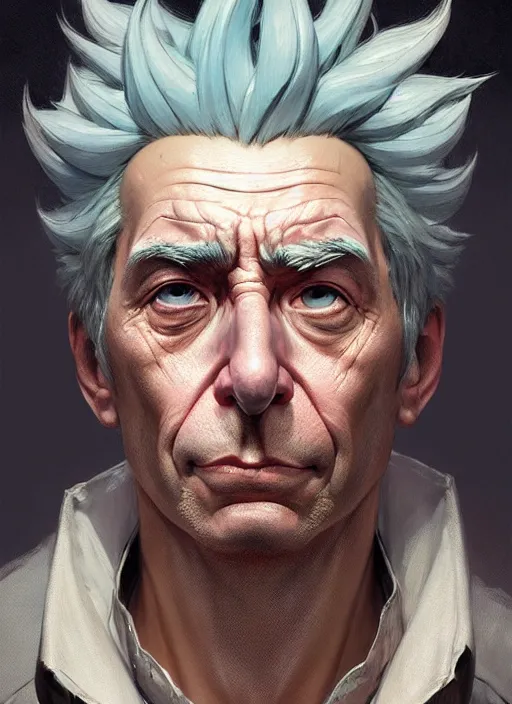 Image similar to concept art by artgerm, amazingly dense distance portrait of a hyper realistic, frowning, sad rick sanchez by greg rutkowski, artgerm, alphonse mucha, concept art, octane render, highly detailed, high quality, 8 k, soft lighting, path traced, and uang guangjian and gil elvgren, symmetry!!