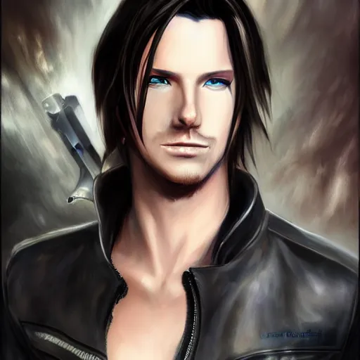 Image similar to portrait of squall from final fantasy viii, matte painting by ross tran, artstation