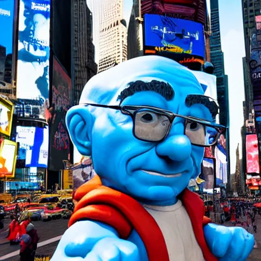 Image similar to a photograph of a very detailed renaissance sculpture of walter white as a smurf in times square, made by michelangelo, from the distance, hyper detailed, sharp focus, 8 k resolution, ray tracing