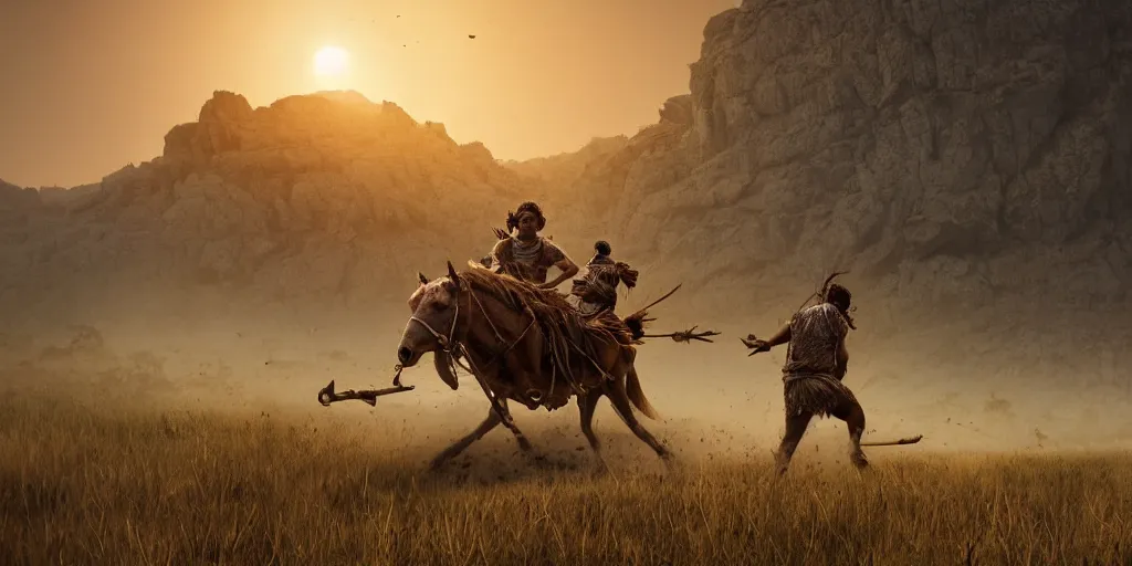 Image similar to photorealistic high speed photo ancient indian tribesman hunting on atv, chase of buffalo herd ,attacking, action scene, an epic fantasy, dramatic lighting, cinematic, establishing shot, extremely high detail, photorealistic, cinematic lighting, artstation, octane render, by simon stalenhag, horizon forbidden west,old photo, high speed photography, vintage, mad max