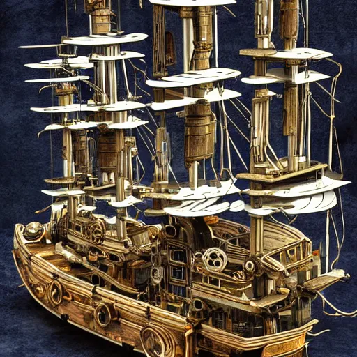 Prompt: future cybernetic steampunk pirate ship with robotic arms