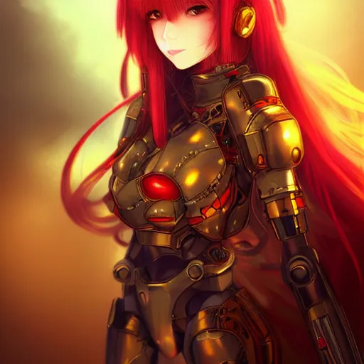 Image similar to cute red armored cyborg - anime girl by ross draws, long gold hair, yellow eyes, extreme high intricate details by wlop, digital anime art, black shadows, stylized shading