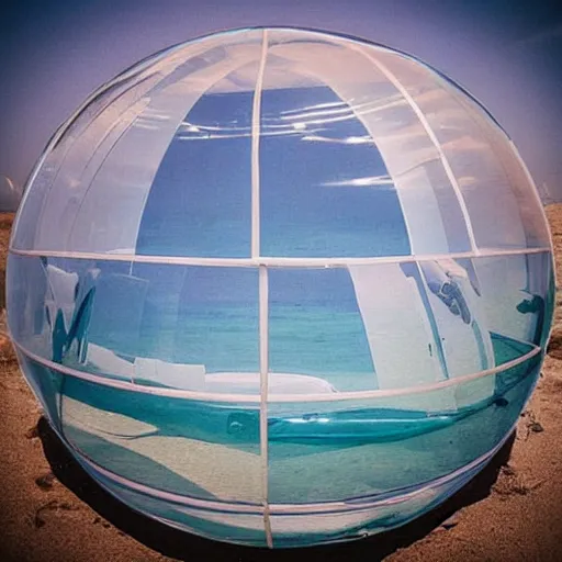 Image similar to a pastel colour high fidelity wide angle Polaroid art photo from a holiday album at a seaside with two inflatable parachute spheres, all objects made of transparent iridescent Perspex and metallic silver, a grid of sun beds iridescence, nostalgic