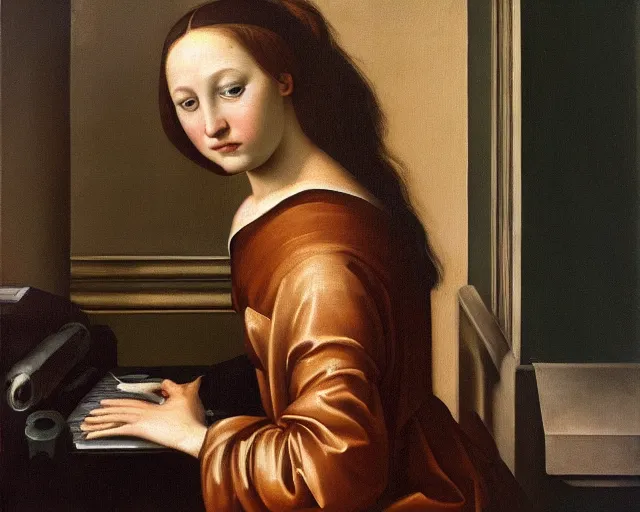 Image similar to realistic renaissance oil painting of a computer