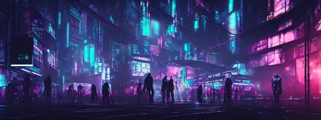 Prompt: matte painting of a dark neon cyberpunk underground rave in the film ghost in the shell, trending on artstation, 8k, ultra hd