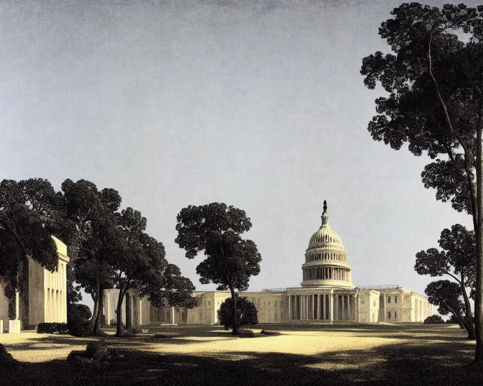 Image similar to an achingly beautiful print of a ruined U.S. Capitol in the Maldives by Raphael, Hopper, and Rene Magritte. detailed, romantic, enchanting, trending on artstation.