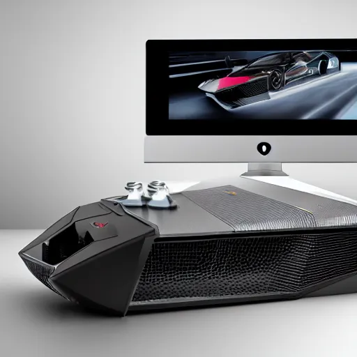 Prompt: A Lamborghini gaming console with its controllers, studio photo