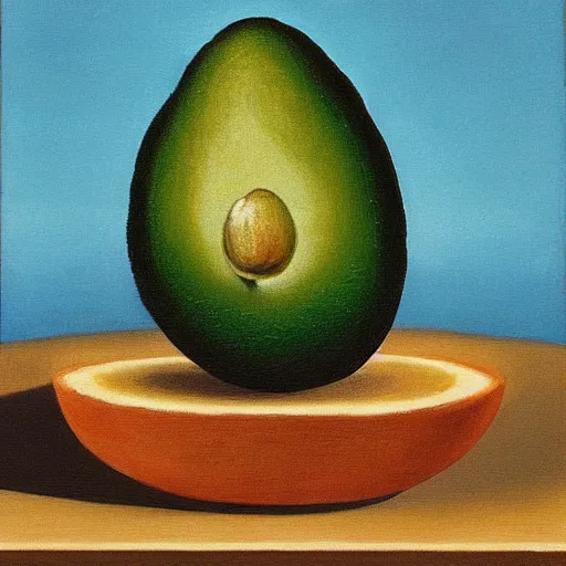 Image similar to surrealistic avocado on toast by renee magritte, oil on canvas