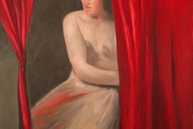 Prompt: oil painting, long view, hight detailed, woman hiding under red curtain, in style of neodada