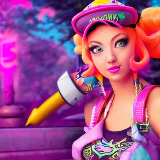Image similar to Princess peach mixed with jinx from league of legends, dancing, background jet ground radio, fullshot, raytrayced, octane render, epic composition, intricate details, hyperrealist, dark neon punk, by Alessandro Barbucci, Barbara Canepa