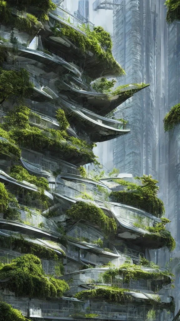 Prompt: photo in style of hiroshige and piranesi. biopunk parametric futuristic building in a urban setting. ultrarealistic. mossy buildings have deep tall balconies with plants, trees, and many people. thin random columns, large windows, deep overhangs. greeble. 8 k, volumetric lighting.