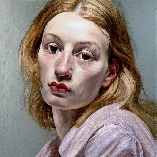 Image similar to high quality high detail painting by lucian freud, hd, pale blonde girl portrait, photorealistic lighting