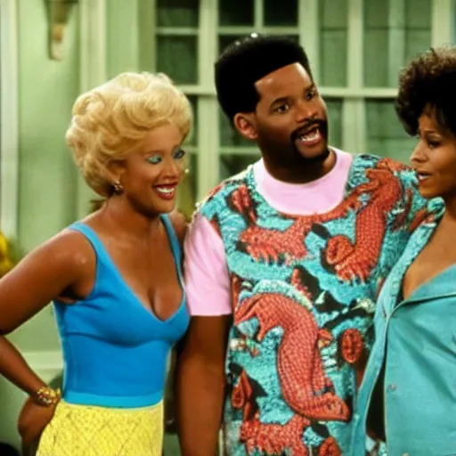 Prompt: Still shot of scene from Fresh Prince of Bel Air but the characters are aligators