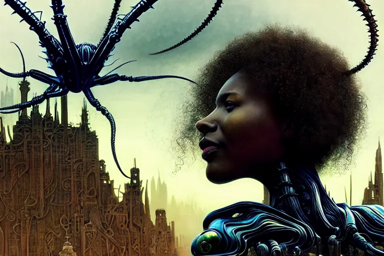 Image similar to realistic detailed photorealistic closeup portrait movie shot of a beautiful black woman riding a giant spider, dystopian city landscape background by denis villeneuve, amano, yves tanguy, alphonse mucha, ernst haeckel, edward robert hughes, roger dean, cyber necklace, rich moody colours, sci fi patterns, wide angle