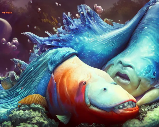 Prompt: of a very beautiful scene. ambient occlusion render. a sweet fat old woman is giving birth to a huge colorful fish. hyper realistic. 4 k. wide angle. sadness. shininess. symmetrical face, red mouth, blue eyes. deep focus, lovely scene. ambient occlusion render. concept art. unreal engine.
