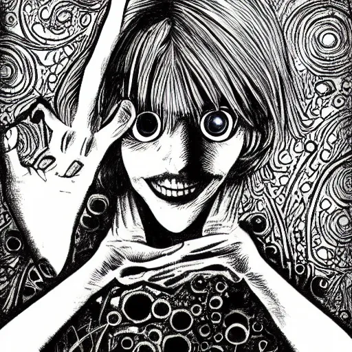 Image similar to Yor Forger from SpyxFamily in the style of Junji Ito