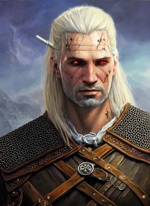 Prompt: a realistic fantasy portrait painting of a male witcher, ultra detailed, art by ralph horsley, swanland, sabbas