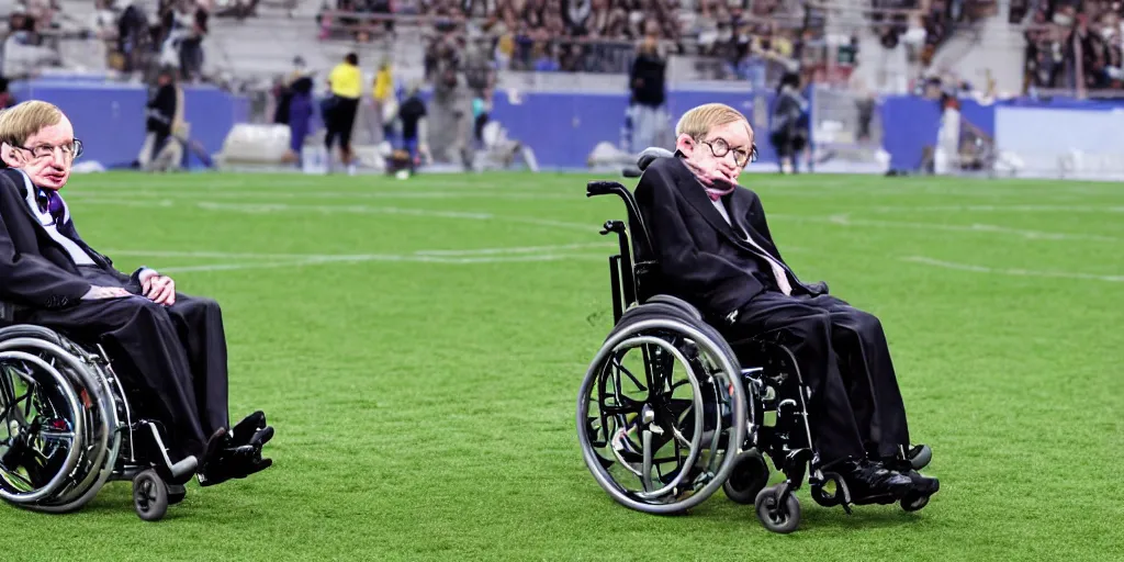 Image similar to stephen hawking is playing football, moving his wheelchair fast