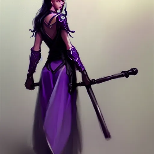Image similar to a woman in a purple dress holding a staff, concept art by an zhengwen, artstation contest winner, fantasy art, dark and mysterious, artstation hd, concept art