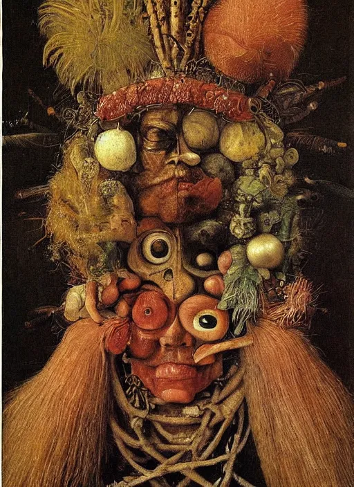 Image similar to a surreal painting of a shaman's face, by Giuseppe Arcimboldo, hieronymus bosch, symbolist, soft colors, dramatic lighting, smooth, sharp focus, extremely detailed, aesthetically pleasing composition