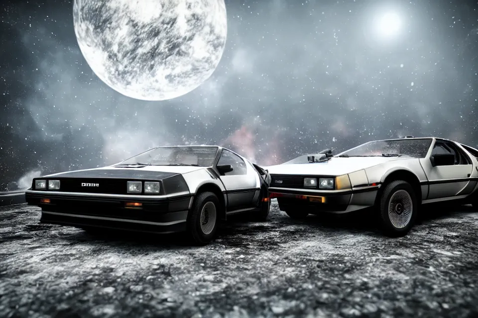 Image similar to ultra realistic delorean dmc 5 and trueno ae 8 6 drift on road wreckage orbiting earth in space, dark cinematic, volumetric, realistic, 3 d render, realistic render, cinematic lighting, volumetric lighting, atmospheric, cinematic, unreal engine 5, unreal engine render, octane render, hd, photorealism, hyper realistic, 8 k