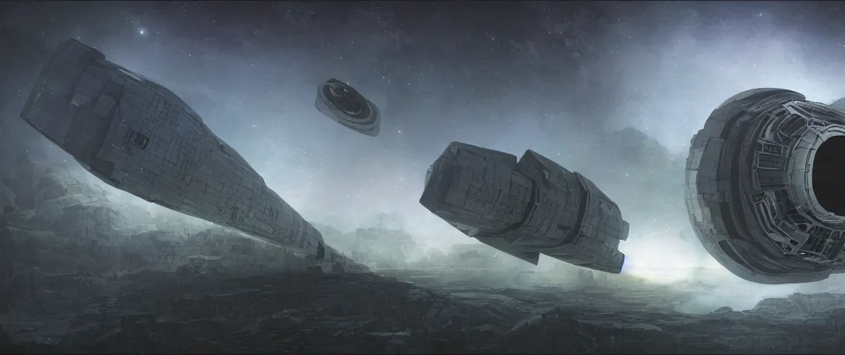 Prompt: concept art, a single military scouting spaceship, traveling to new worlds, deep space exploration, the expanse tv series, industrial design, dynamic angle, high energy and motion, spatial phenomena, cinematic lighting, 4k, greebles, widescreen, wide angle, beksinski, sharp and blocky shapes