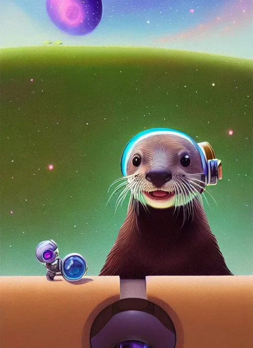 Image similar to a portrait of a cute otter with a space helmet, swimming through a beautiful galaxy!!!, detailed, artstation, art by miyazaki and rhads