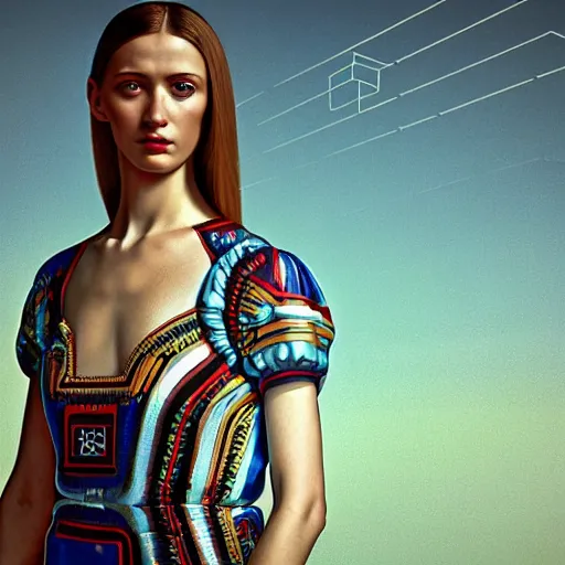 Image similar to hyperrealism aesthetic photography in caravaggio style quntum computer simulation visualisation of parallel universe cyberpunk scene with beautiful detailed ukrainian woman with detailed face and perfect eyes wearing ukrainian traditional shirt and wearing retrofuturistic sci - fi neural interface designed by josan gonzalez. hyperrealism photo on pentax 6 7, by giorgio de chirico volumetric natural light rendered in blender