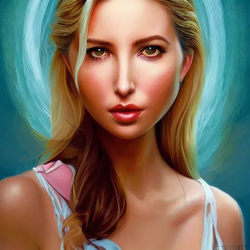 Image similar to a beautiful scenic painting of a beautiful young woman that looks like ivanka trump by artgerm and wlop and wes anderson and spike jonze