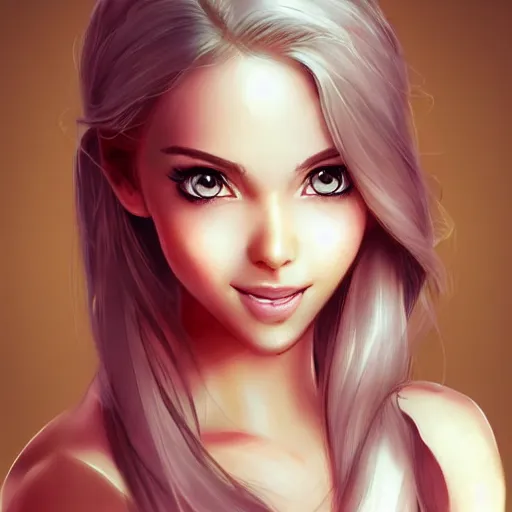Prompt: very beautiful female princess, smiling, flirty, eye contact, perfect face, perfect body, drawn by artgerm