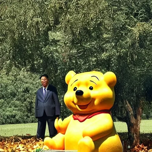 Image similar to realistic photo of Xi jinping laying under a tree with Winnie the pooh