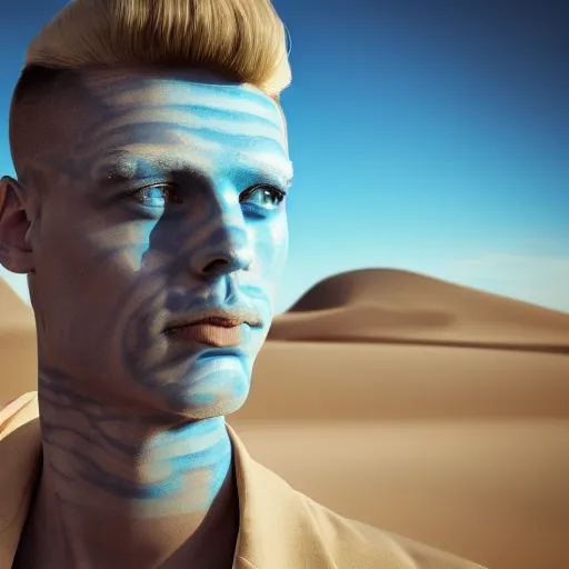 Image similar to man in blue, avant-garde art, deco fashion, highly detailed, photorealistic upper body portrait, serene desert setting, bright sun light, crisp quality and light reflections, unreal engine 5 quality render