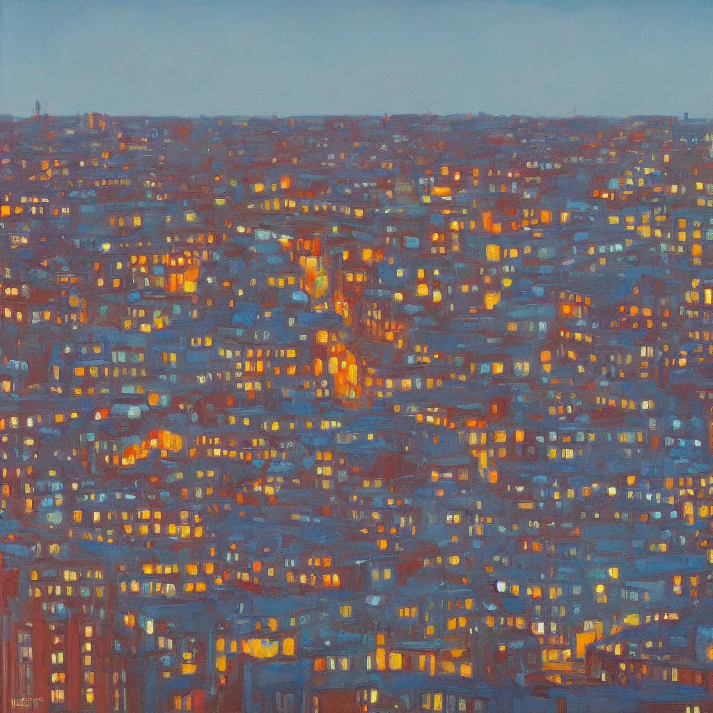 Image similar to rainy Brighton roof tops looking west, evening light, painted by Wayne Thiebaud