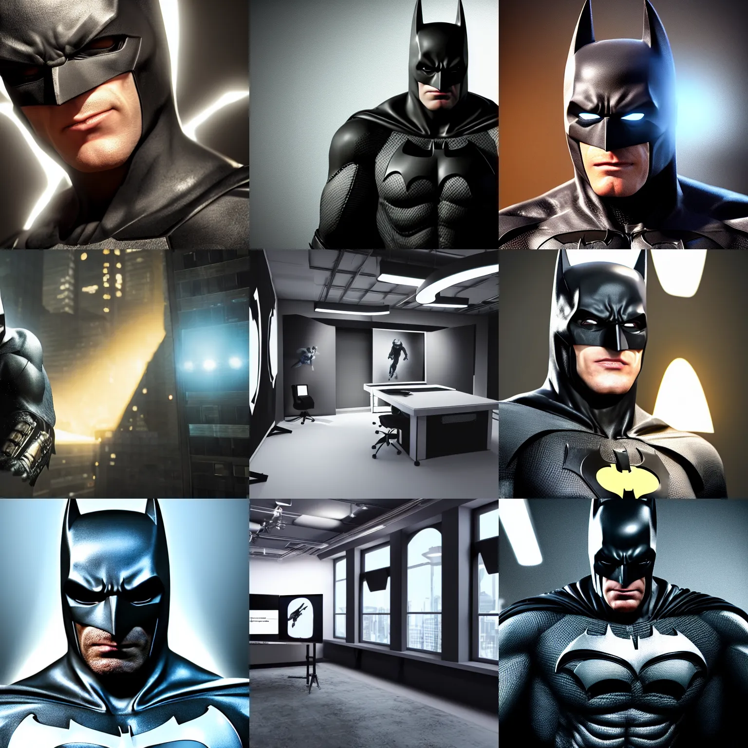 Prompt: bright studio setting, crisp quality and light reflections, unreal engine 5 quality render, photorealistic portrait, highly detailed, still photo of batman, studio lighting