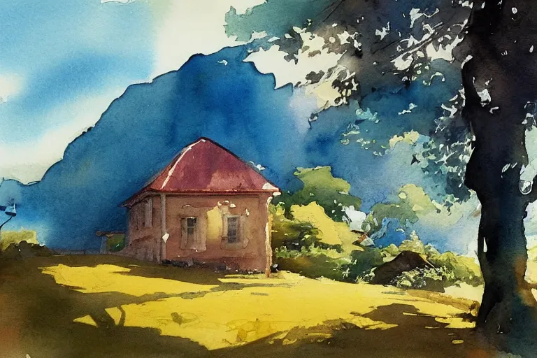 Prompt: small centered on watercolor paper, paint brush strokes, abstract watercolor painting of madeira landscape, traditional hayroof house, sunlight shining through leaf, translucent leaves, cinematic light, national romanticism by hans dahl, by jesper ejsing, by anders zorn, by greg rutkowski, by greg manchess, by tyler edlin