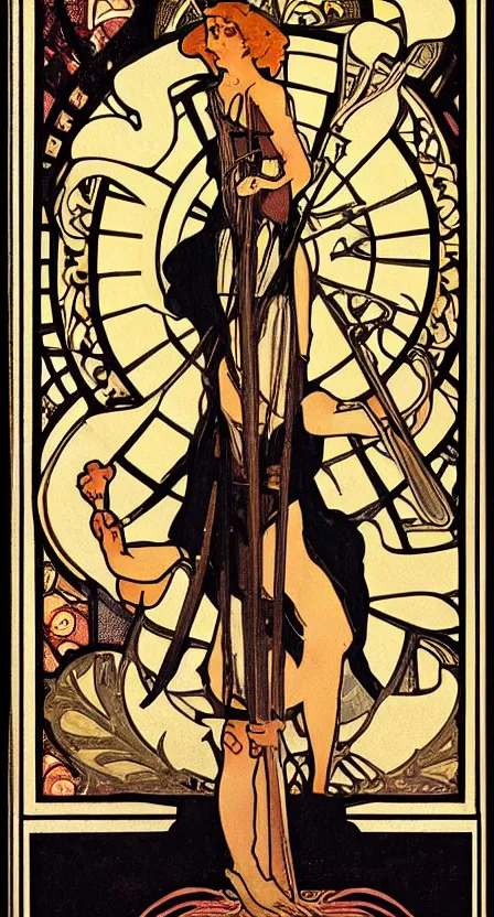 Prompt: a tarot card of death with a scythe, standing on a pile of bones. illustrated in an art deco style by tamara de lempika and an elegant border by alphonse mucha. | studio lighting | digital painting, stunning lighting, trending on artstation