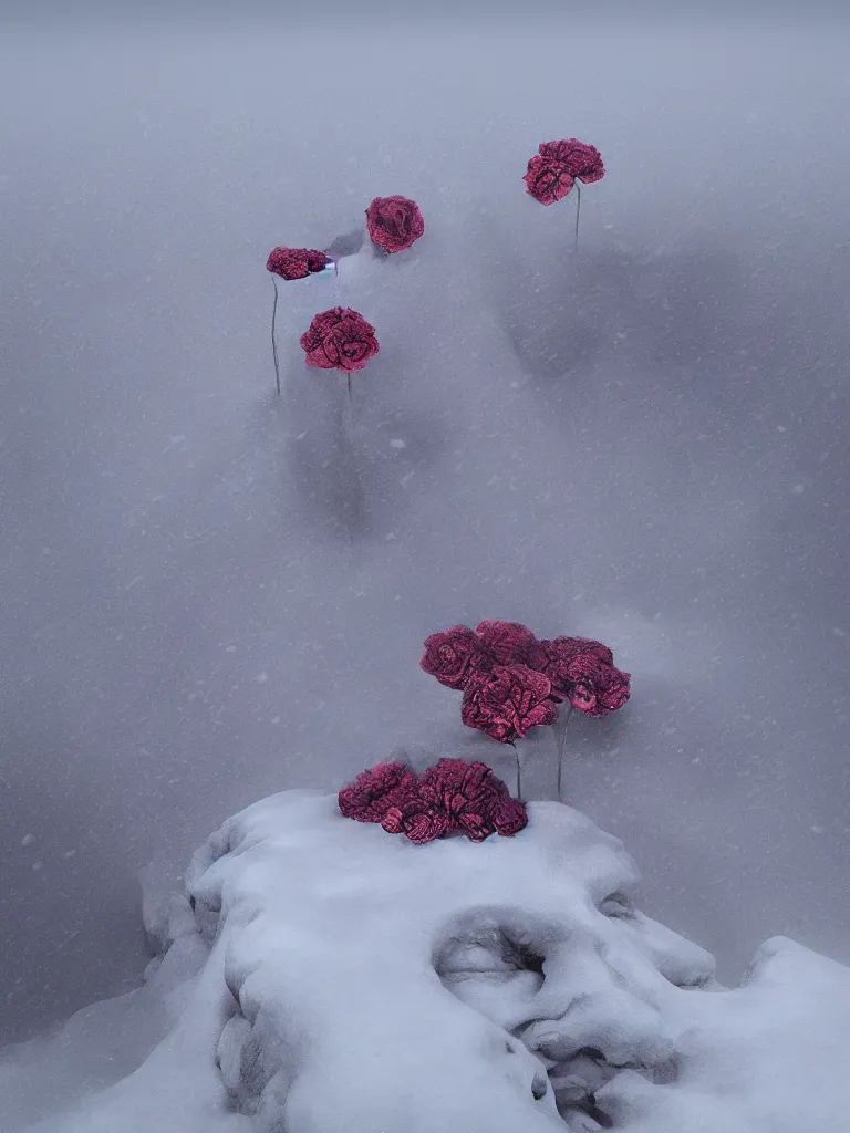 Prompt: shameful roses bloom in the snow, blender, super detail, 8 k, art station, extreme long shot, by zdzislaw beksinski