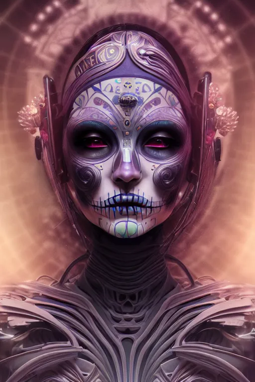 Image similar to ultra detailed female android deity, eyes closed, 8 k, flowerpunk, sci - fi, fantasy, moody, calm, ( dia de los muertos ), asymmetrical, concept art, art by artgerm and giger and michael welan and alphonse mucha and loish and wlop